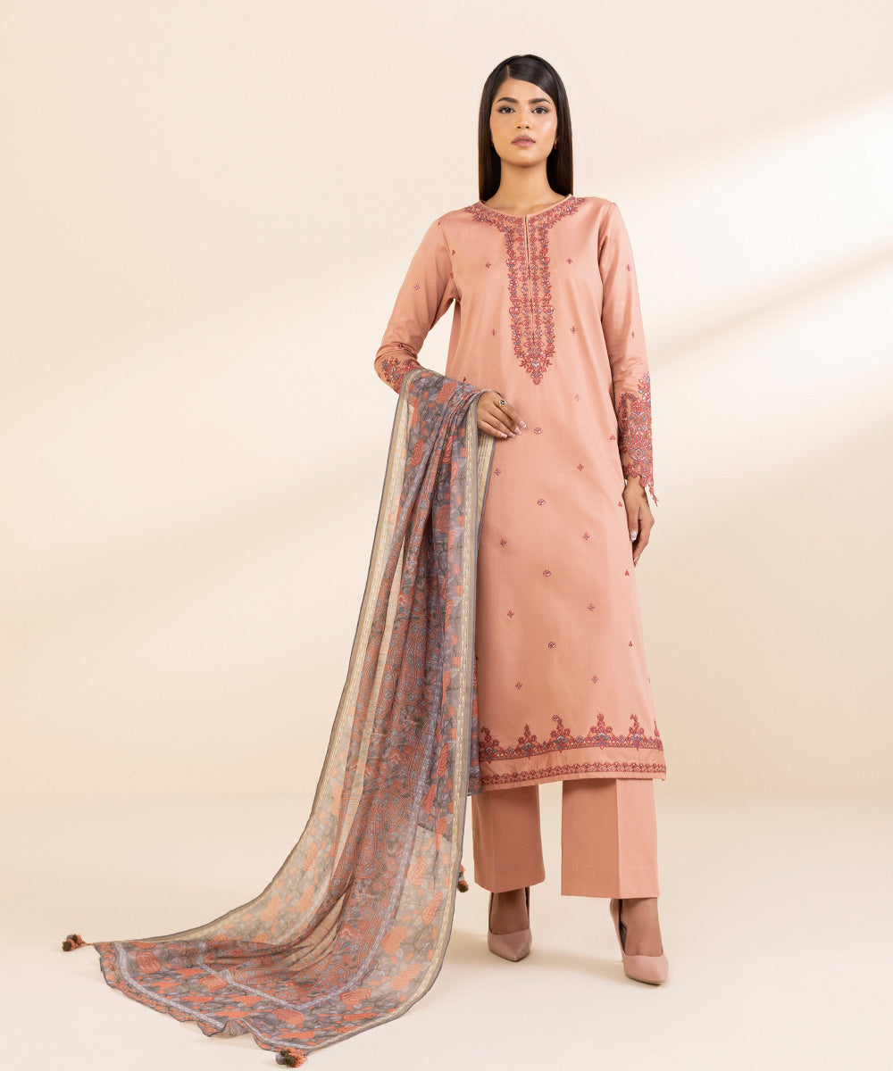 Women's Unstitched Embroidered Peach Fine Cotton Satin Three Piece Suit