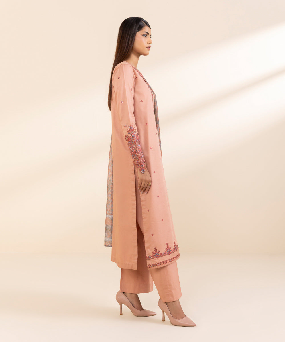 Women's Unstitched Embroidered Peach Fine Cotton Satin Three Piece Suit