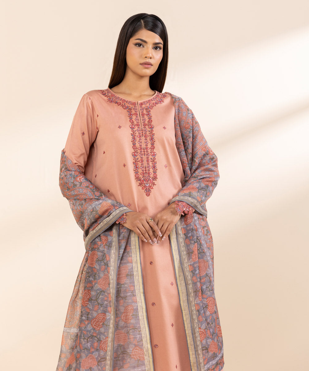 Women's Unstitched Embroidered Peach Fine Cotton Satin Three Piece Suit