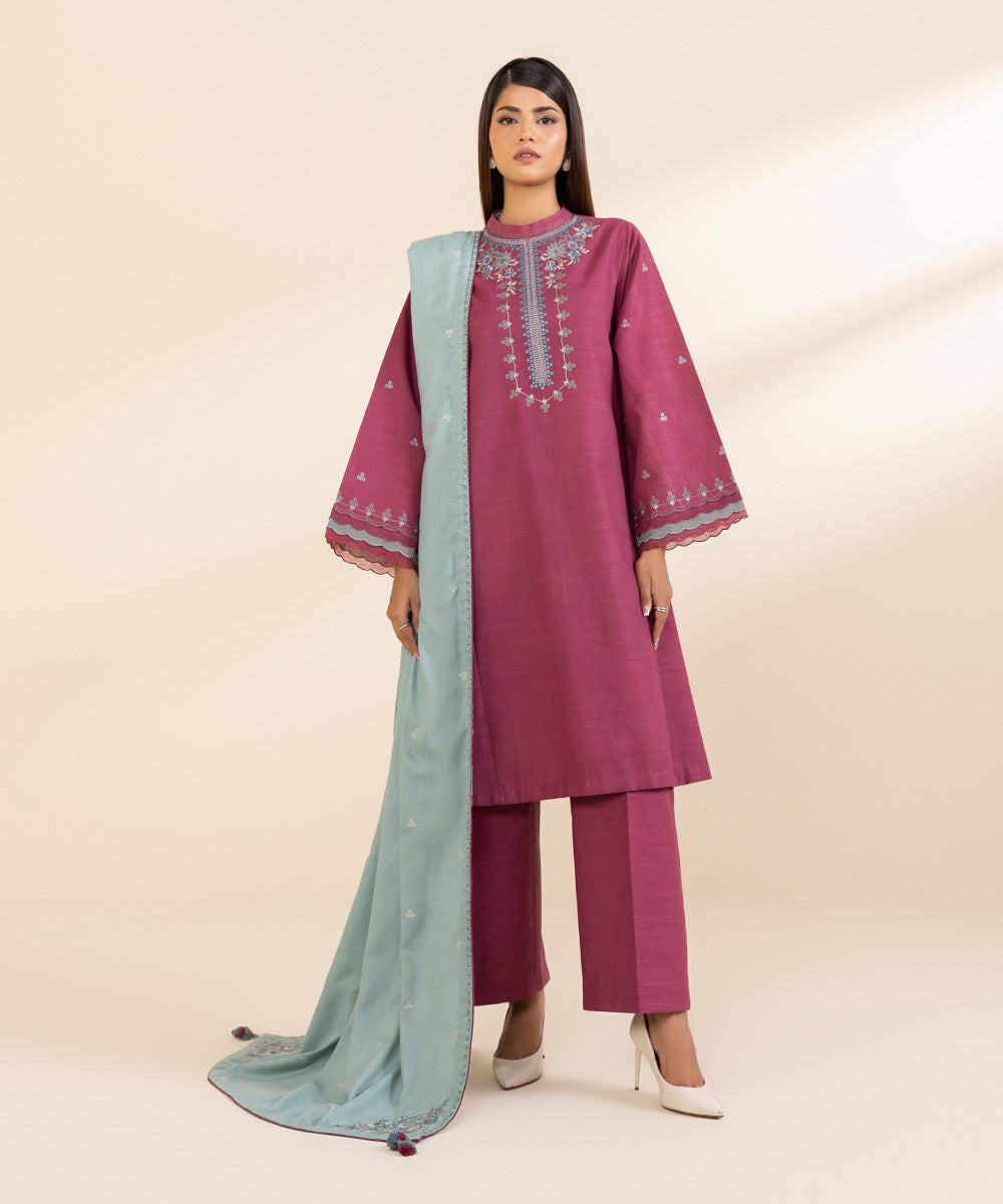 Women's Unstitched Embroidered Rouge Pink Khaddar Three Piece Suit