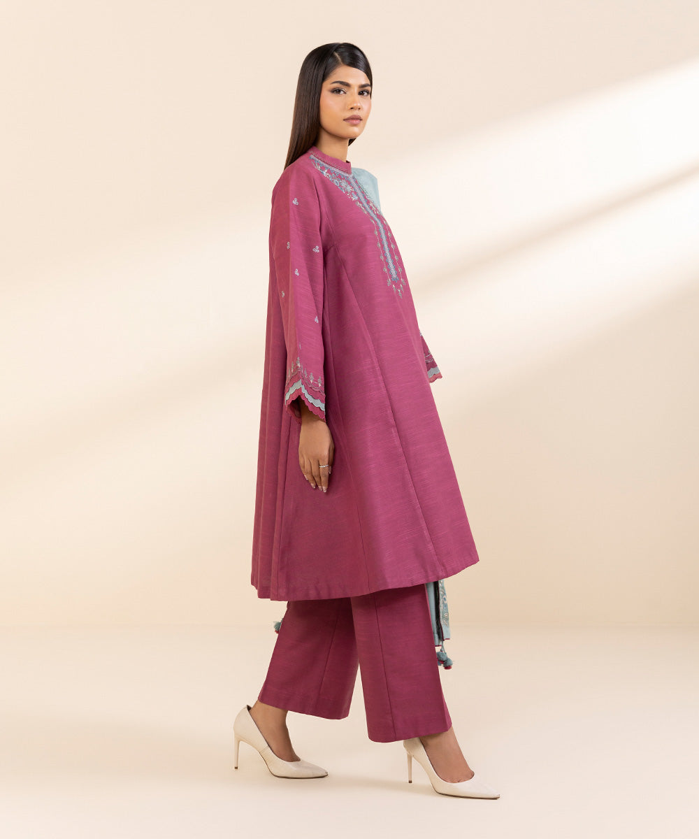 Women's Unstitched Embroidered Rouge Pink Khaddar Three Piece Suit