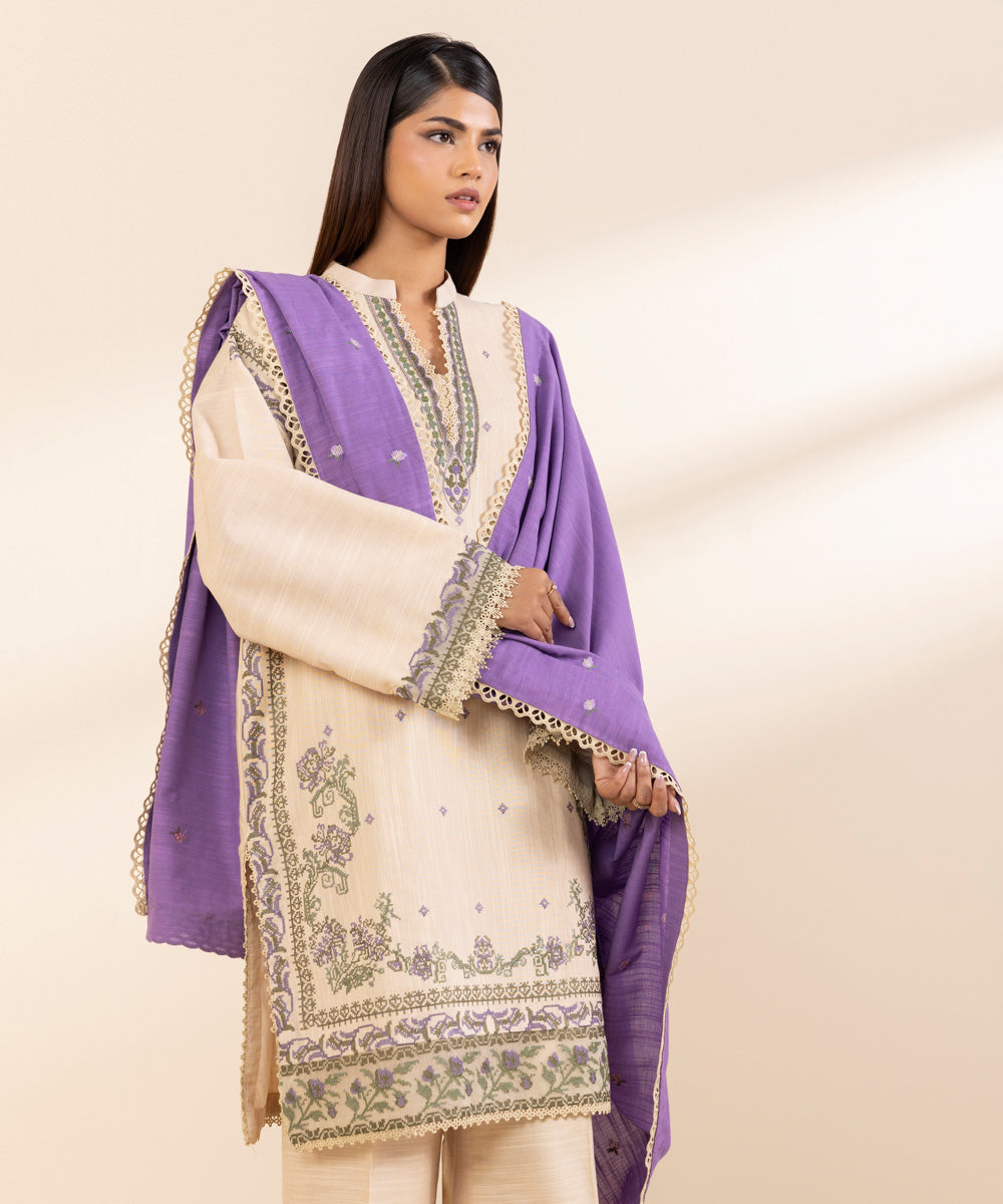 Women's Unstitched Embroidered Beige Khaddar Three Piece Suit