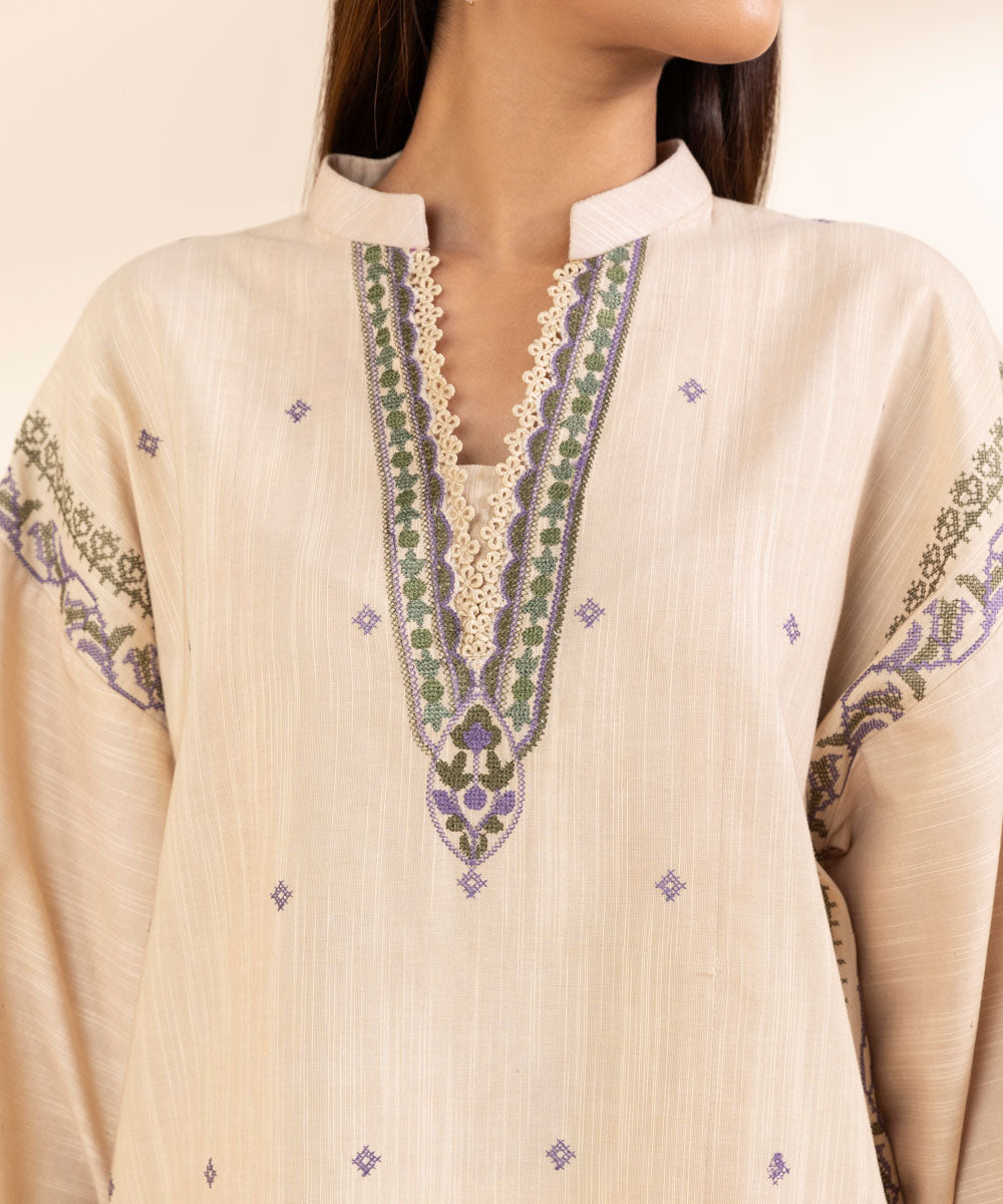 Women's Unstitched Embroidered Beige Khaddar Three Piece Suit