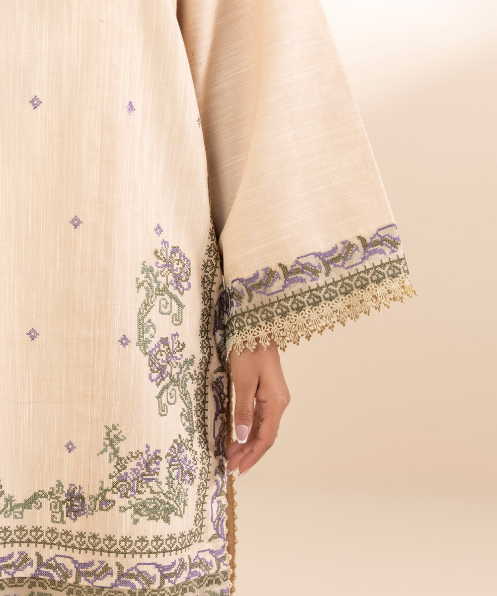 Women's Unstitched Embroidered Beige Khaddar Three Piece Suit