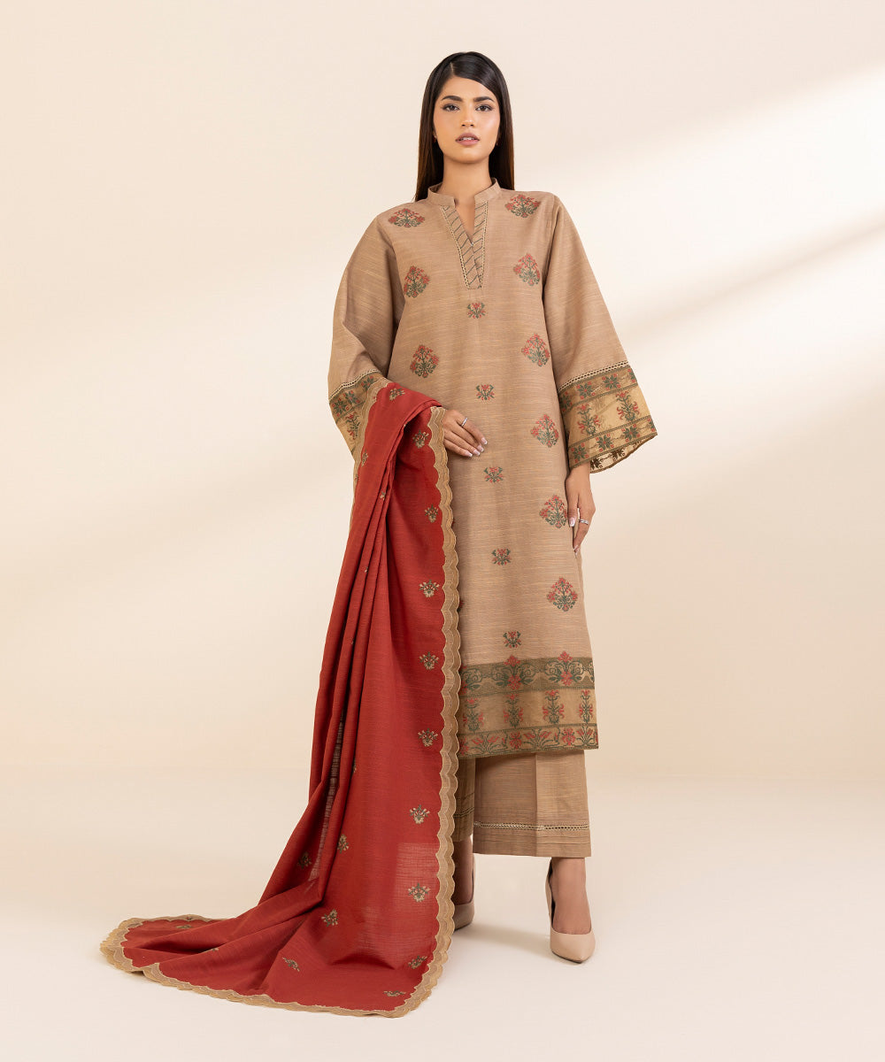 Women's Unstitched Embroidered Fawn Khaddar Three Piece Suit