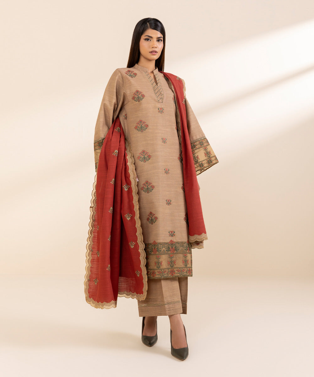 Women's Unstitched Embroidered Fawn Khaddar Three Piece Suit