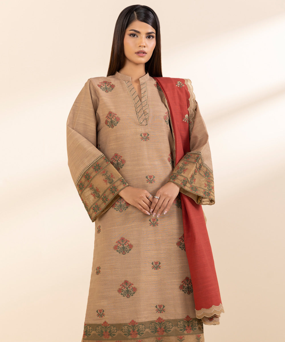 Women's Unstitched Embroidered Fawn Khaddar Three Piece Suit