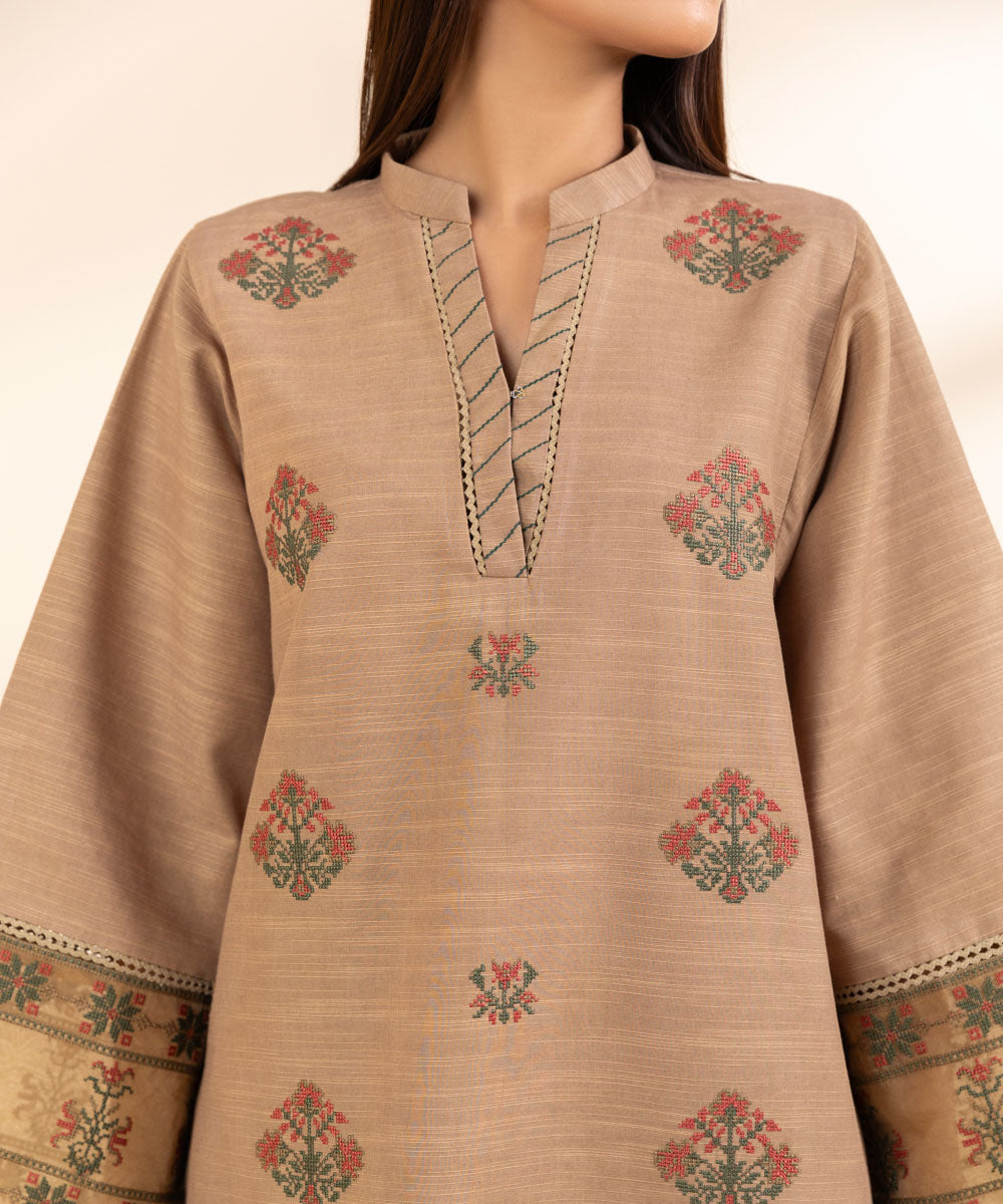 Women's Unstitched Embroidered Fawn Khaddar Three Piece Suit