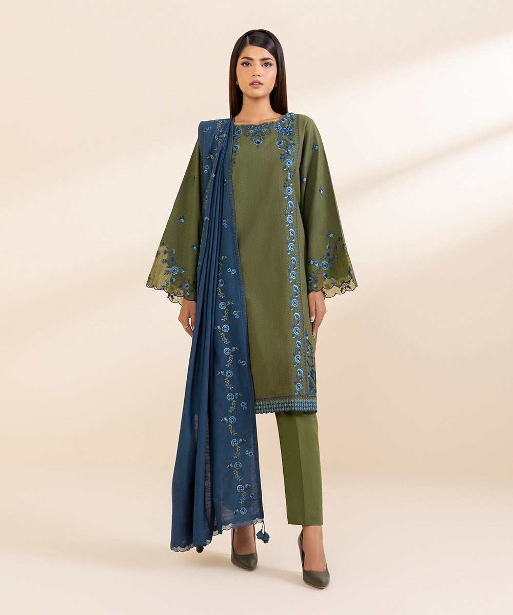 Women's Unstitched Embroidered Dark Green Dobby Three Piece Suit