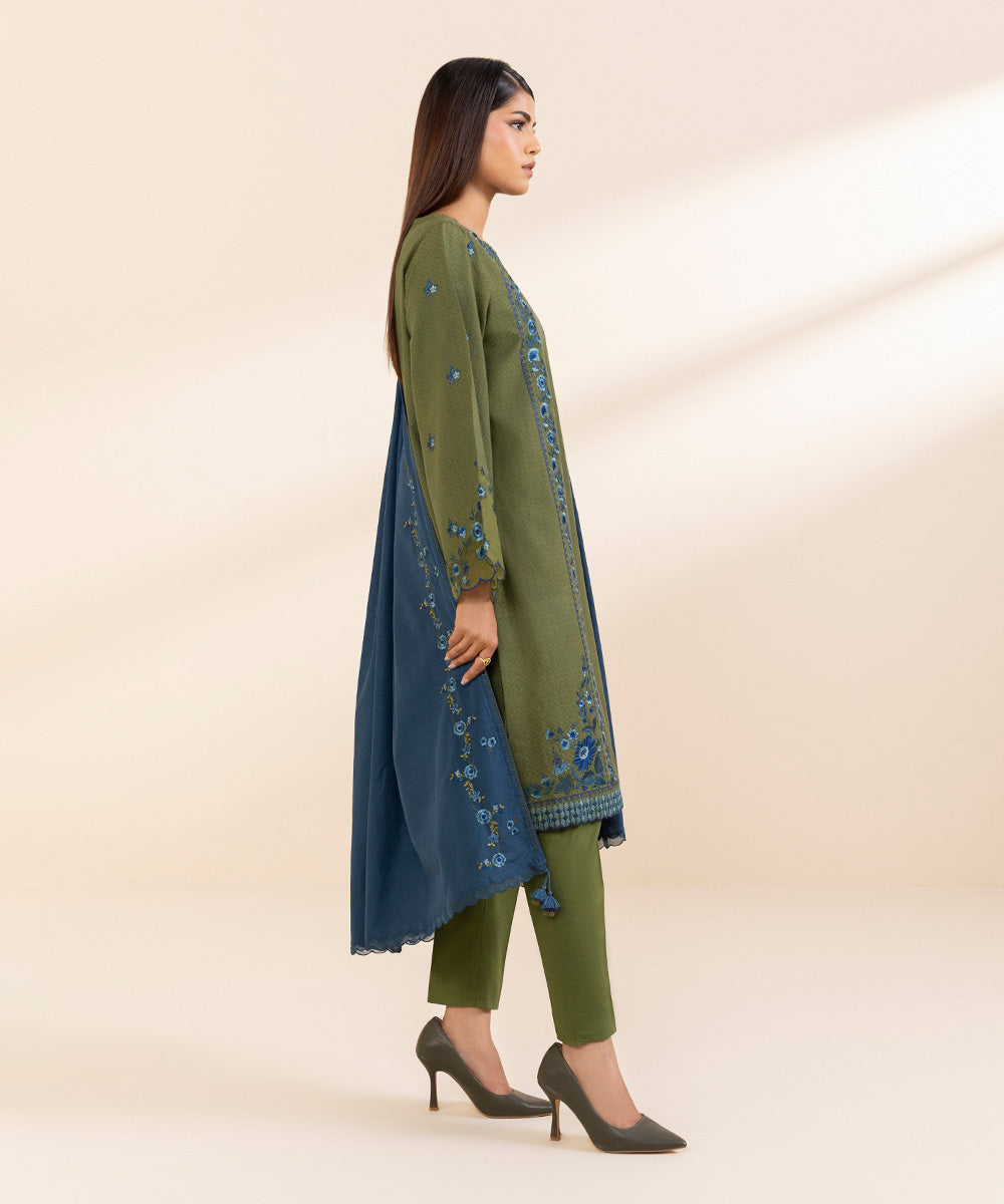 Women's Unstitched Embroidered Dark Green Dobby Three Piece Suit