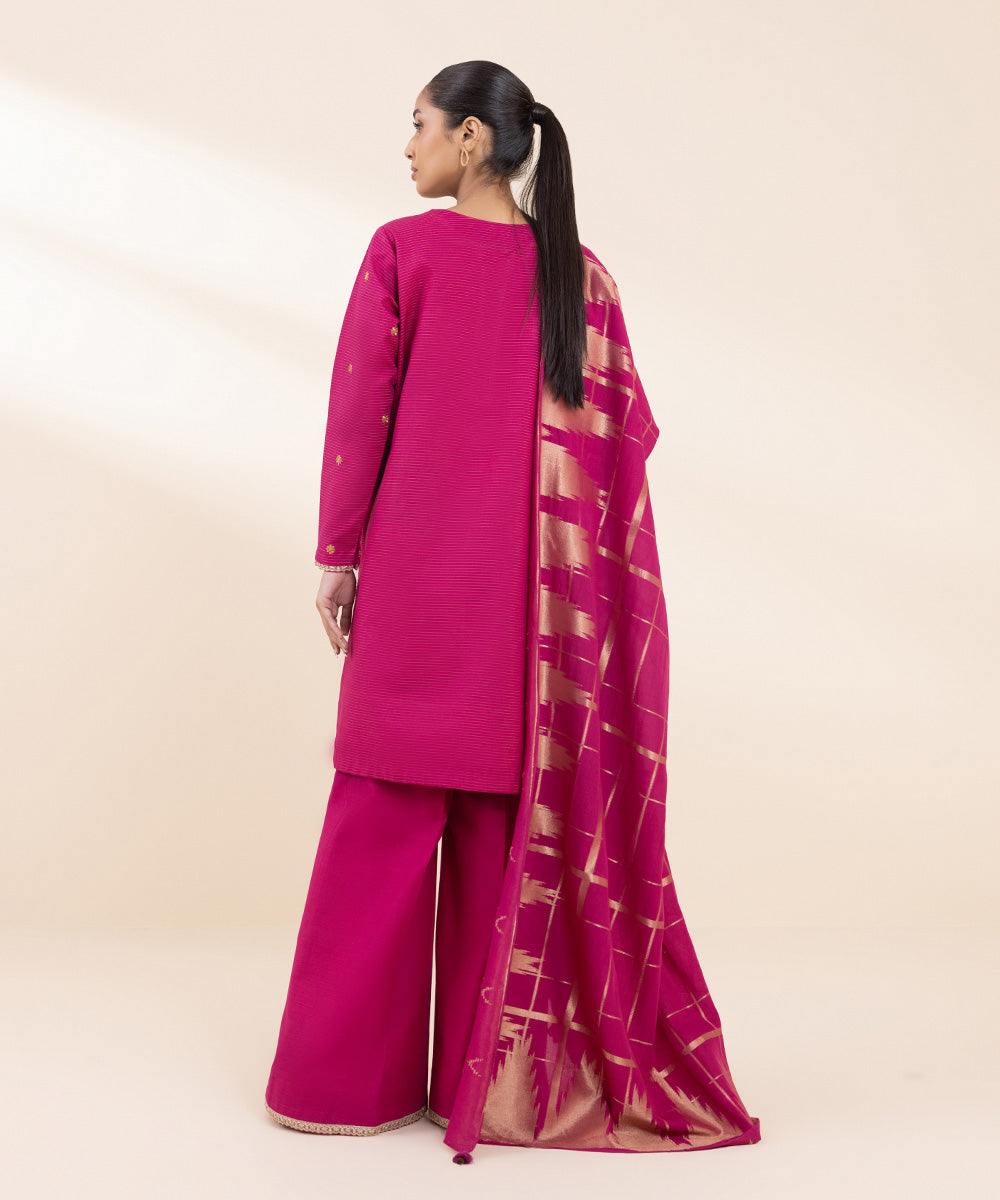 Women's Unstitched Embroidered Magenta Zari Khaddar Three Piece Suit