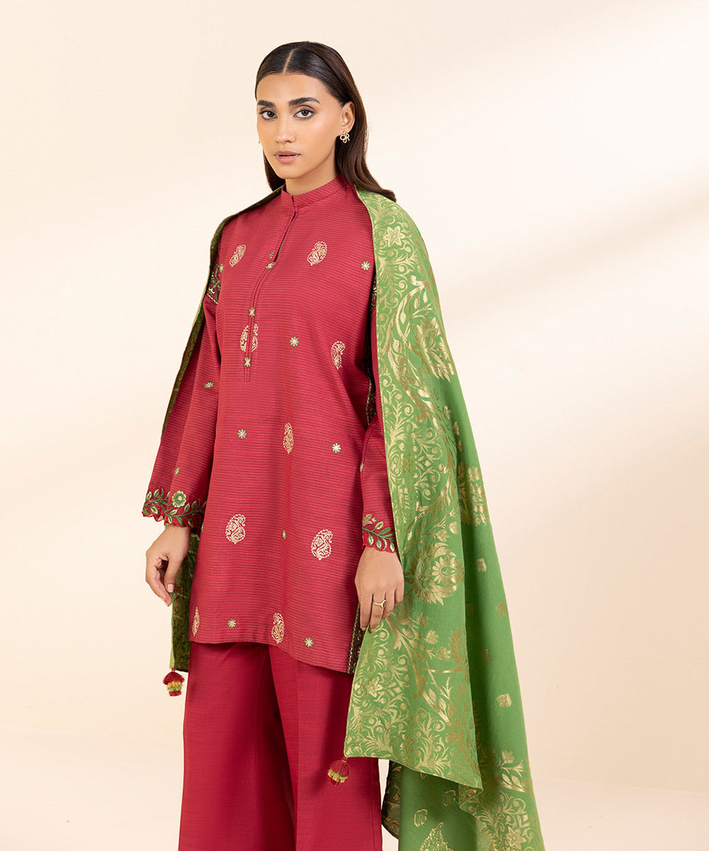 Women's Unstitched Embroidered Coral Red Zari Khaddar Three Piece Suit