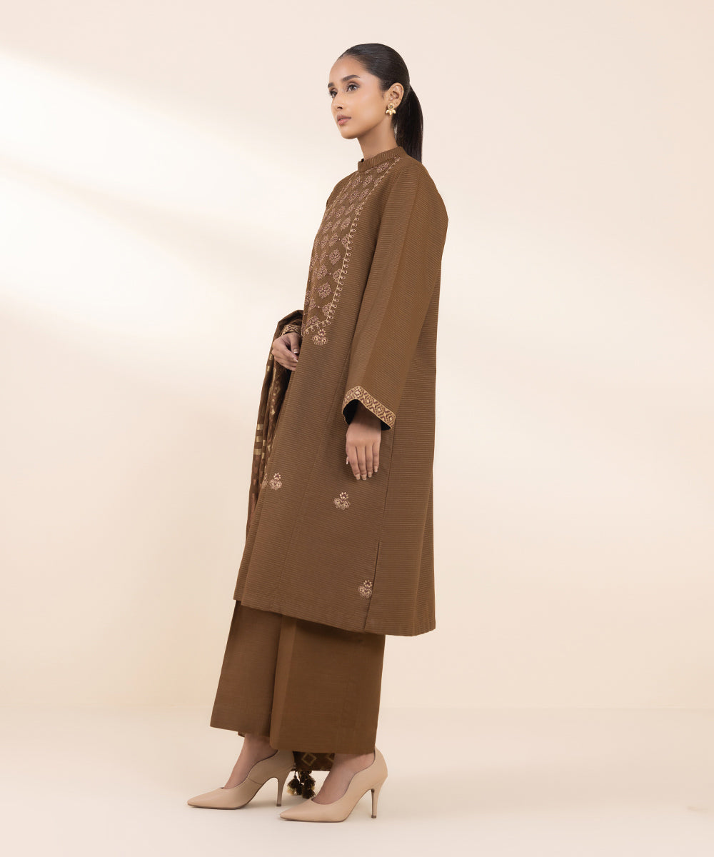 Women's Unstitched Embroidered Brown Zari Khaddar Three Piece Suit