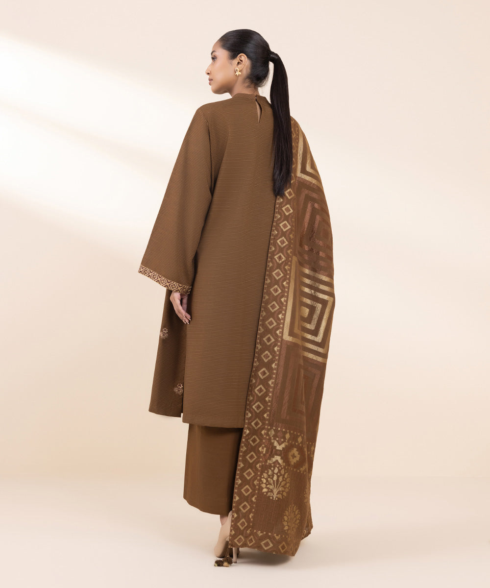 Women's Unstitched Embroidered Brown Zari Khaddar Three Piece Suit