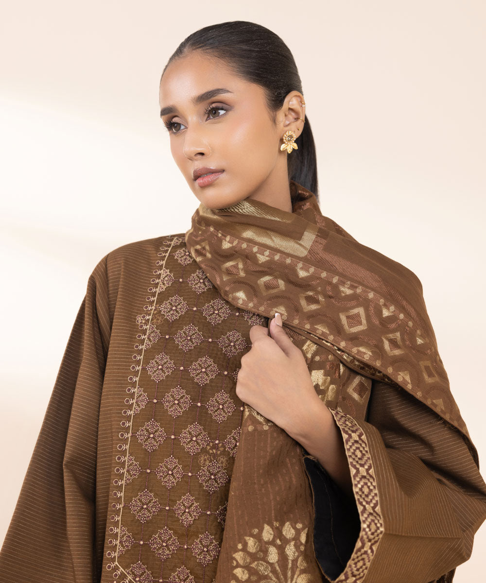 Women's Unstitched Embroidered Brown Zari Khaddar Three Piece Suit