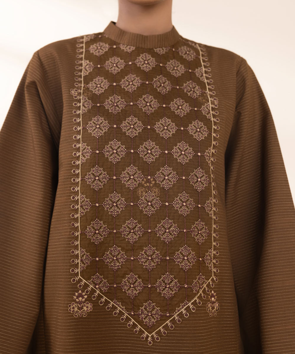 Women's Unstitched Embroidered Brown Zari Khaddar Three Piece Suit