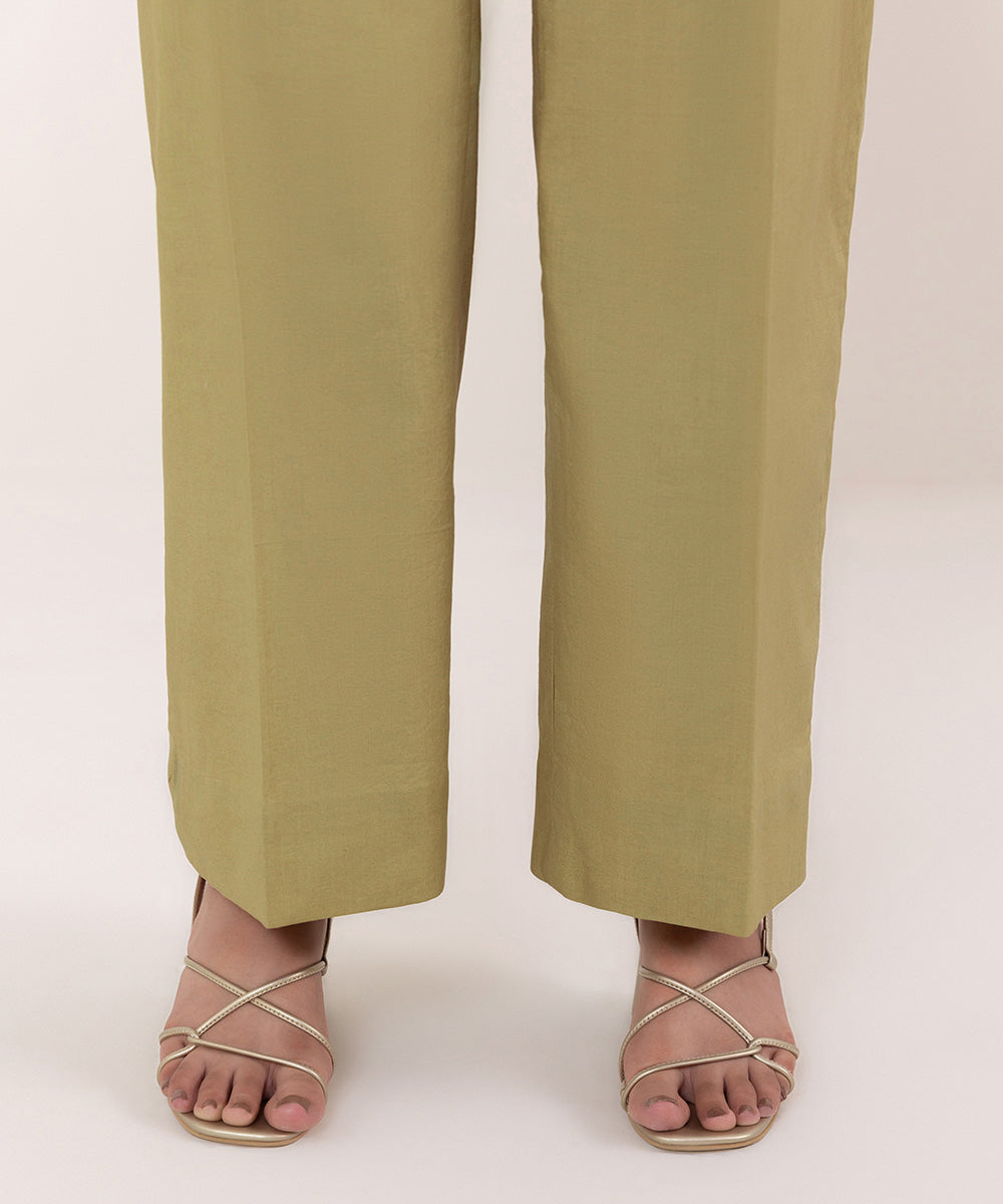 Women's Pret Cambric Solid Green Straight Pants