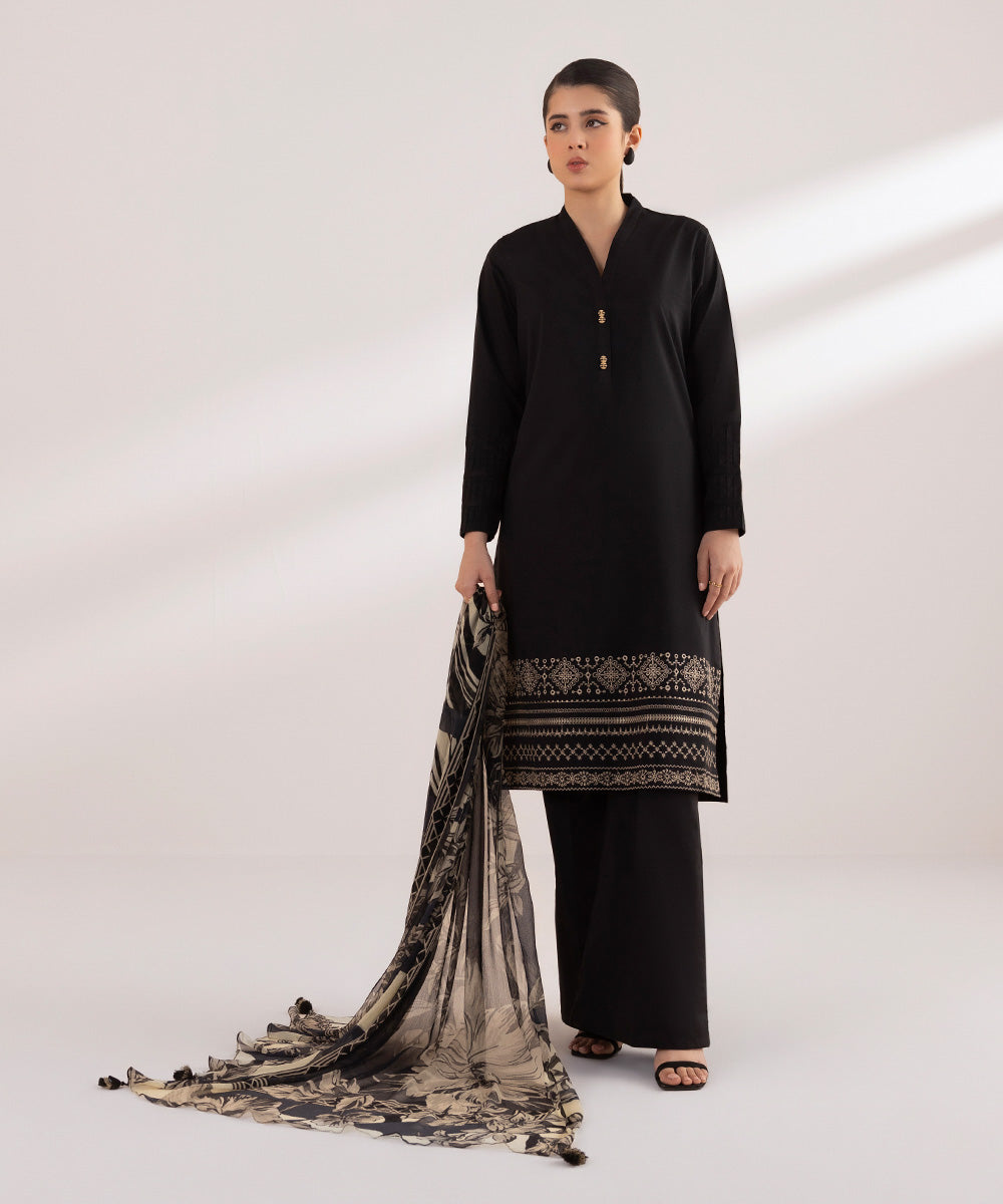 Women's Unstitched Lawn Black Embroidered 3 Piece Suit