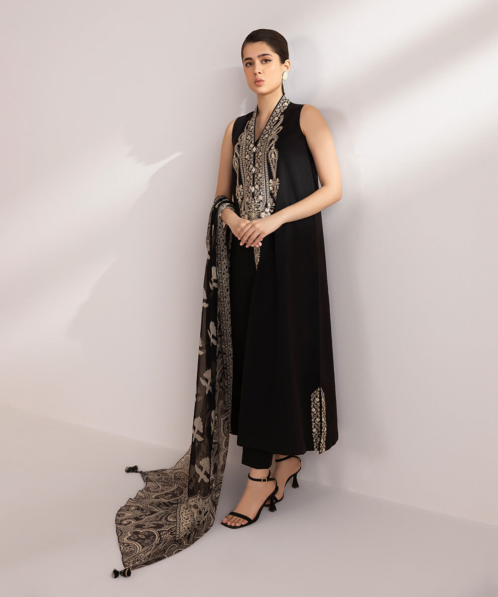 Women's Unstitched Lawn Black Embroidered 3 Piece Suit