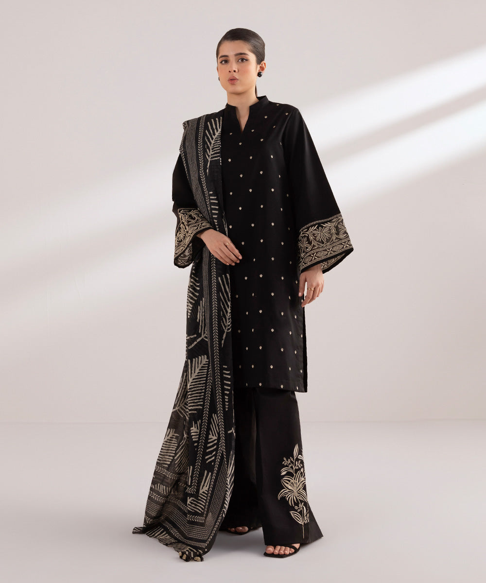 Women's Unstitched Lawn Black Embroidered 3 Piece Suit