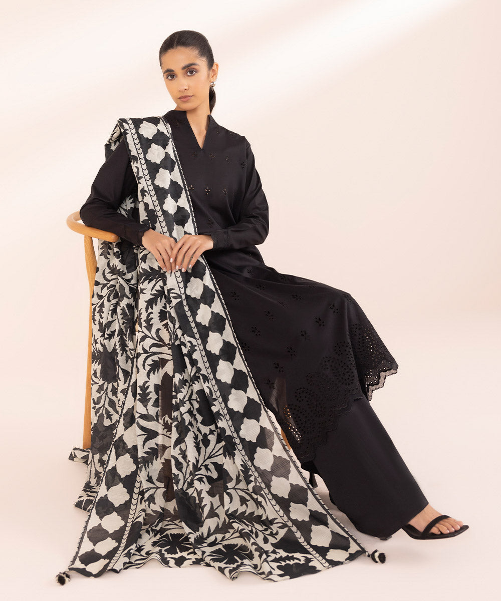 Women's Unstitched Lawn Black Embroidered 3 Piece Suit