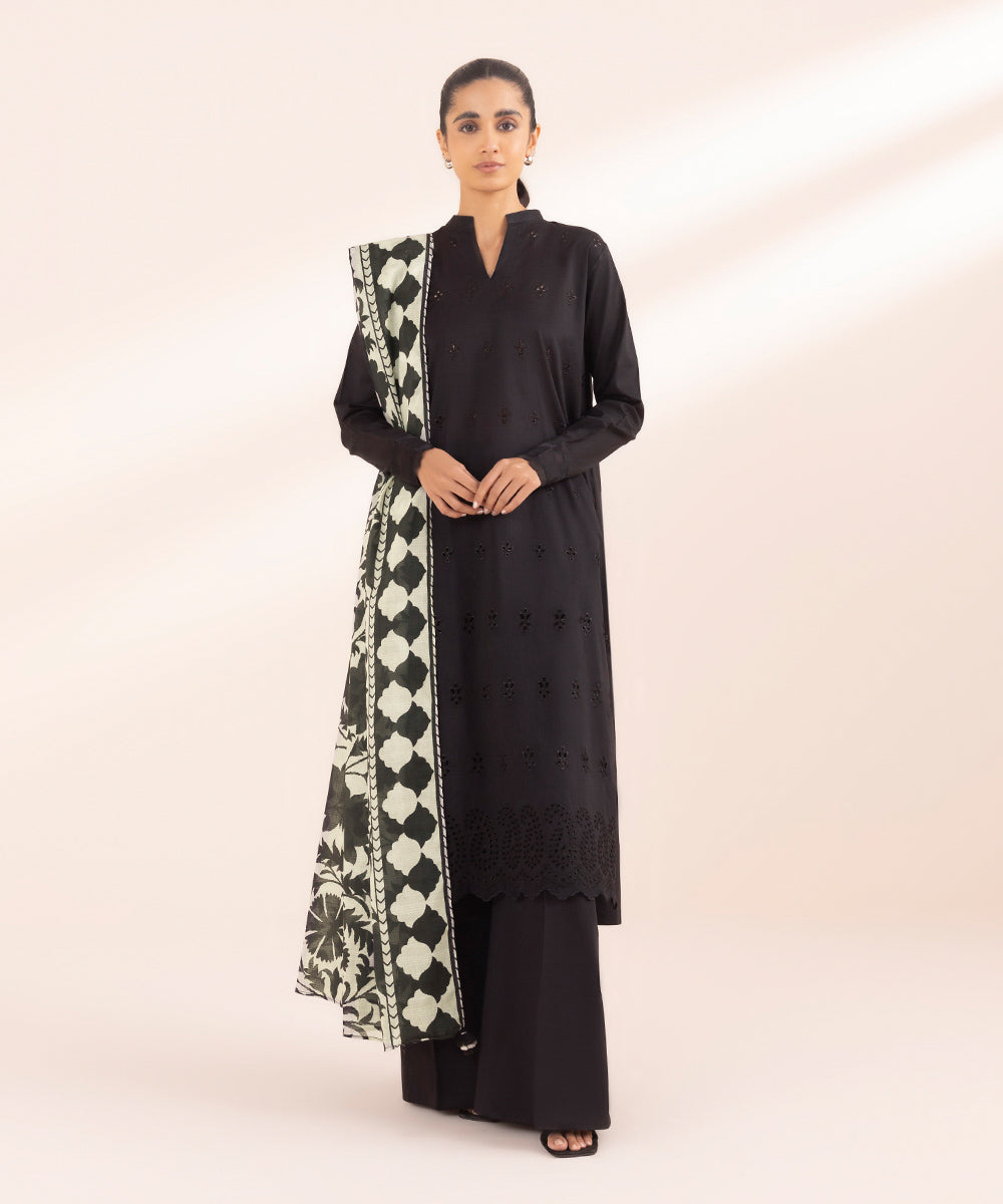 Women's Unstitched Lawn Black Embroidered 3 Piece Suit