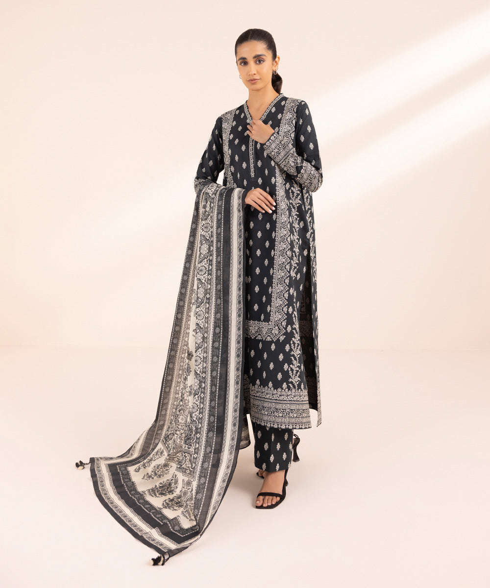 Women's Unstitched Lawn Black Printed 3 Piece Suit