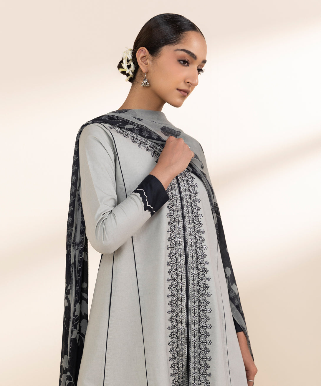 Women's Unstitched Lawn Embroidered Grey 3 Piece Suit