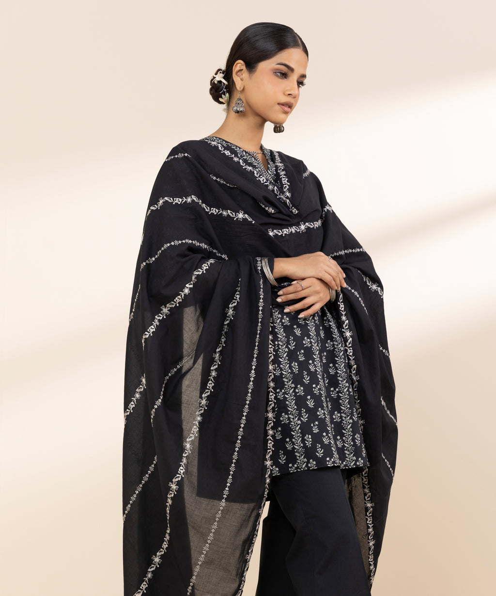 Women's Unstitched Lawn Embroidered Black 3 Piece Suit