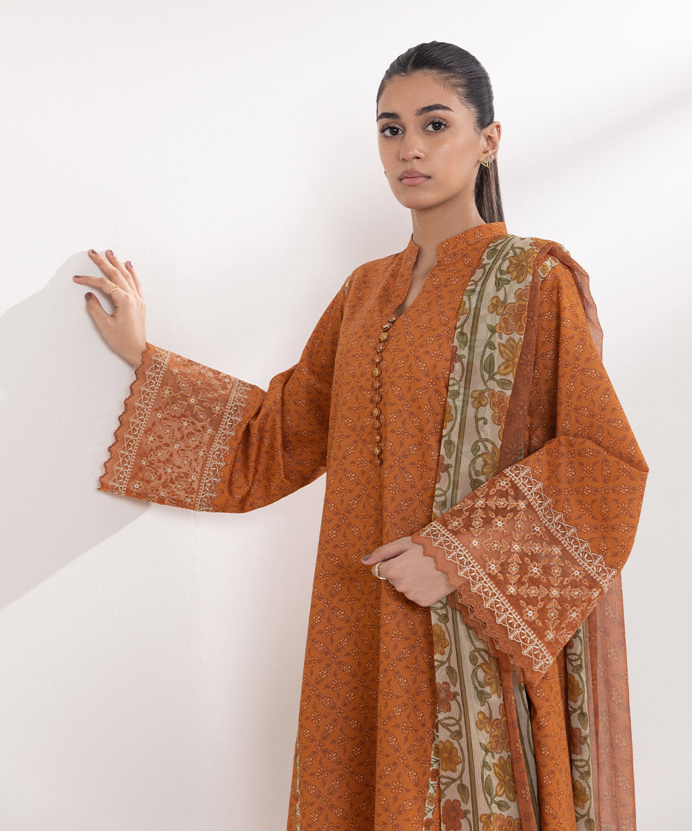 Blended Chiffon Orange Printed Dupatta