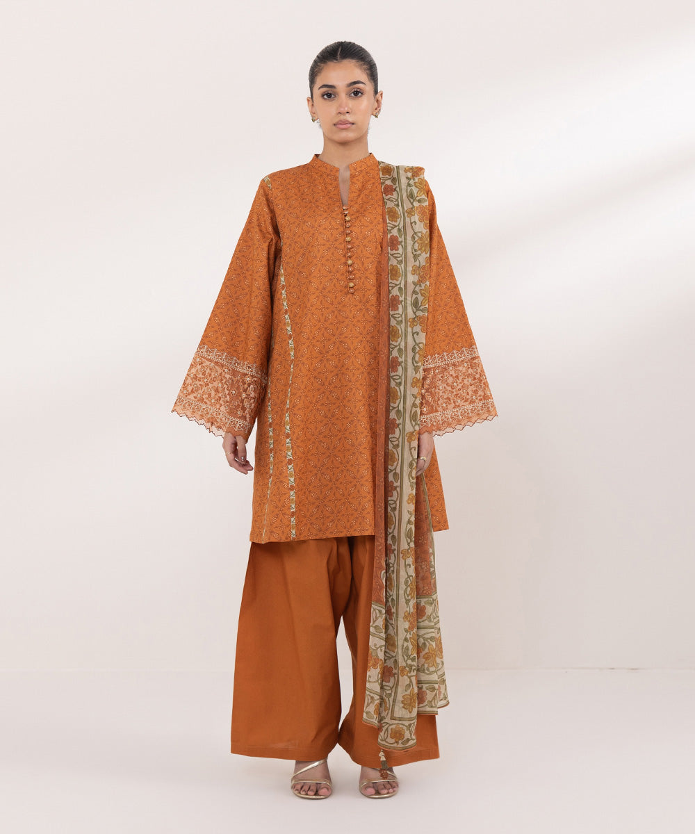 Women's Pret Cambric Embroidered Orange Boxy Shirt