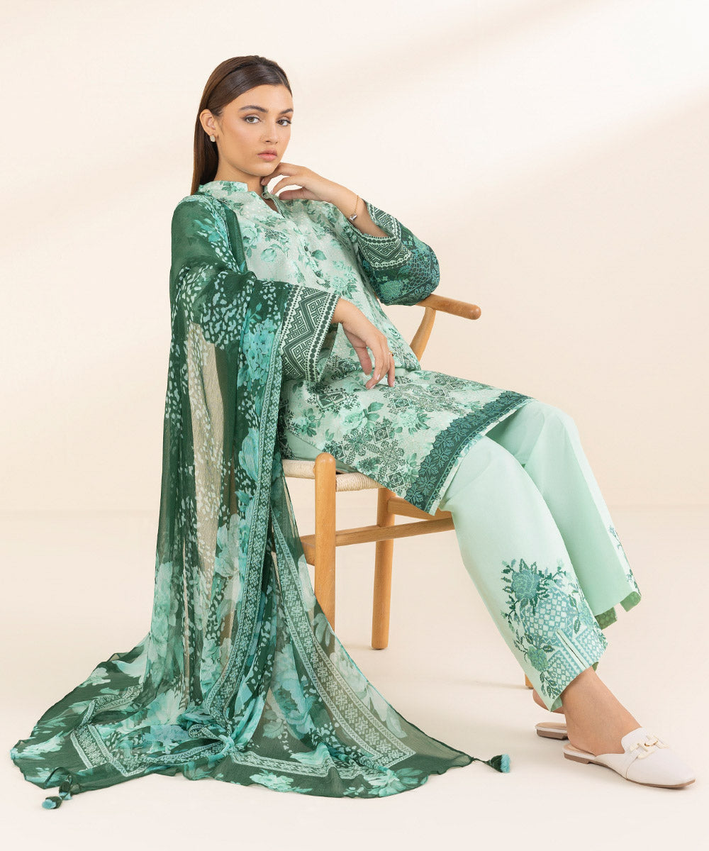 Women's Unstitched Green Lawn 3 Piece Suit 