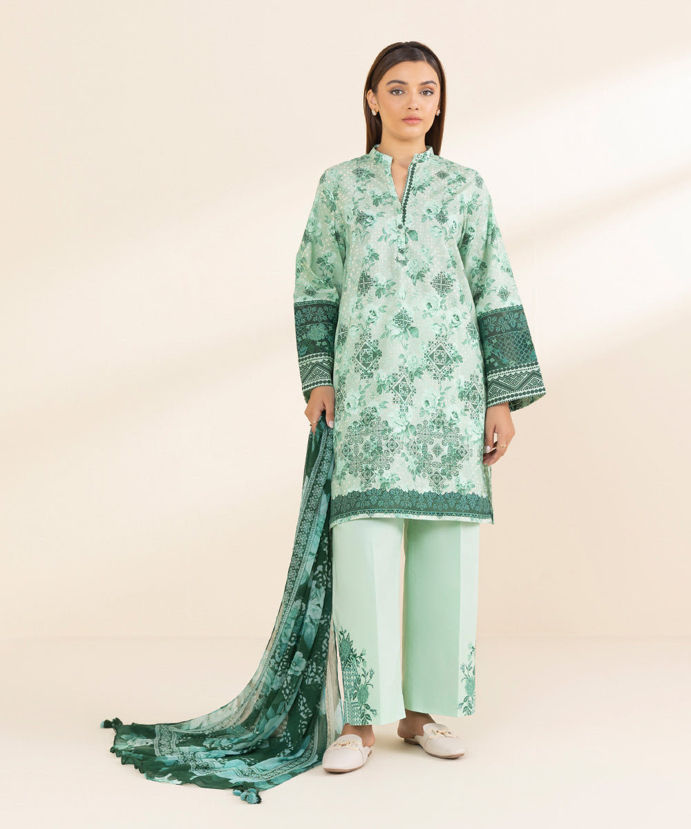 Women's Unstitched Green Lawn 3 Piece Suit 