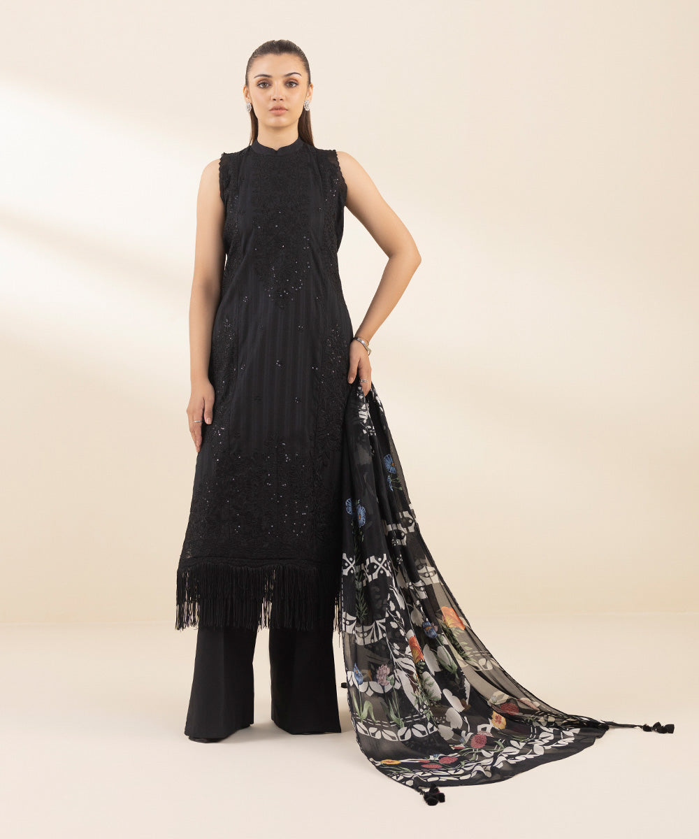 Women's Unstitched Dobby Embroidered Black 3 Piece Suit