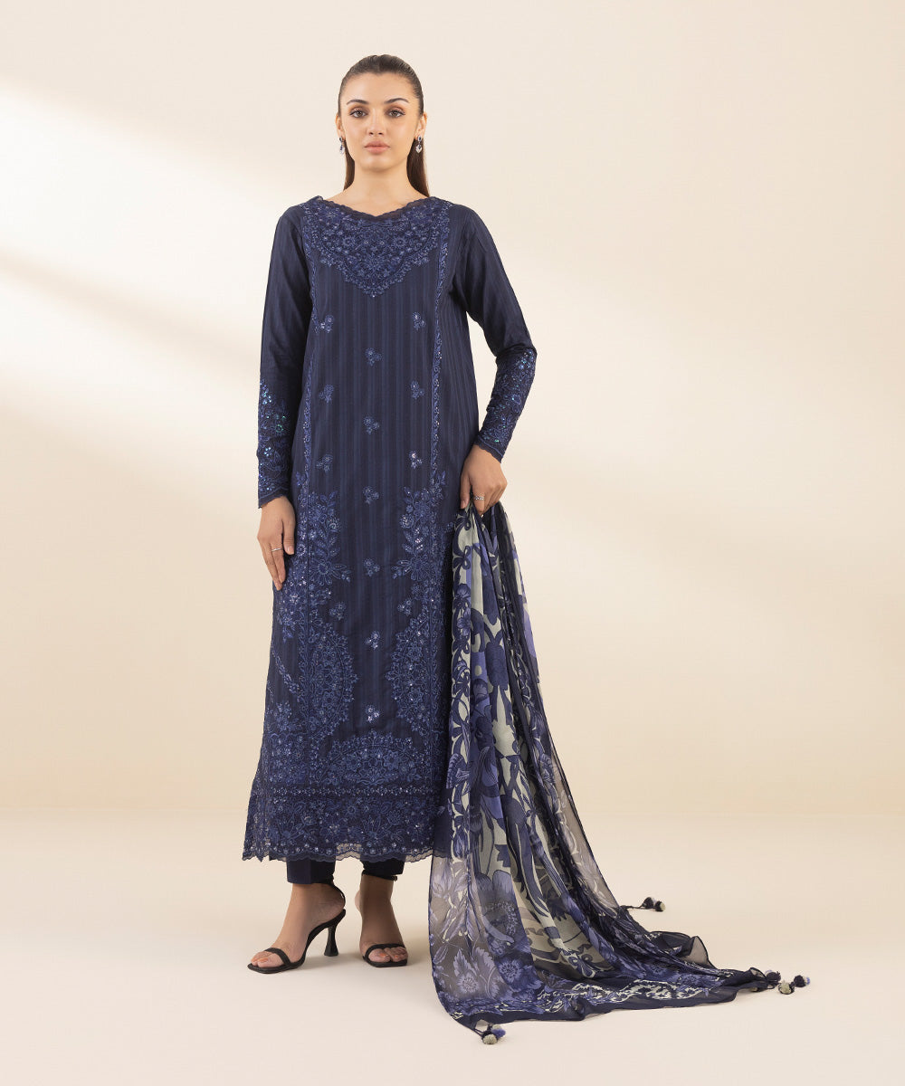 Unstitched Women's Blue Dobby Embroidered 3 Piece Suit 