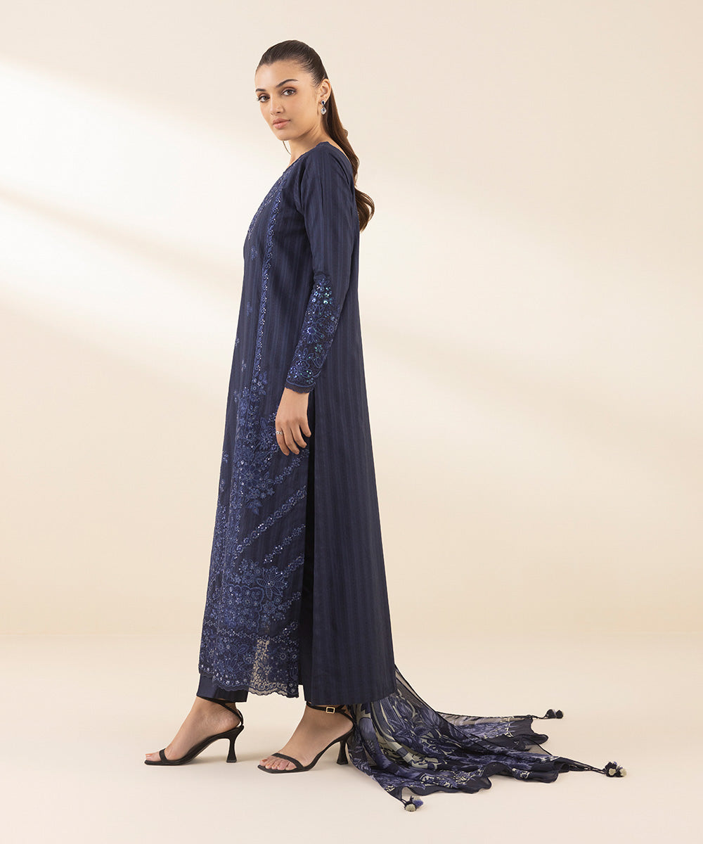 Unstitched Women's Blue Dobby Embroidered 3 Piece Suit 