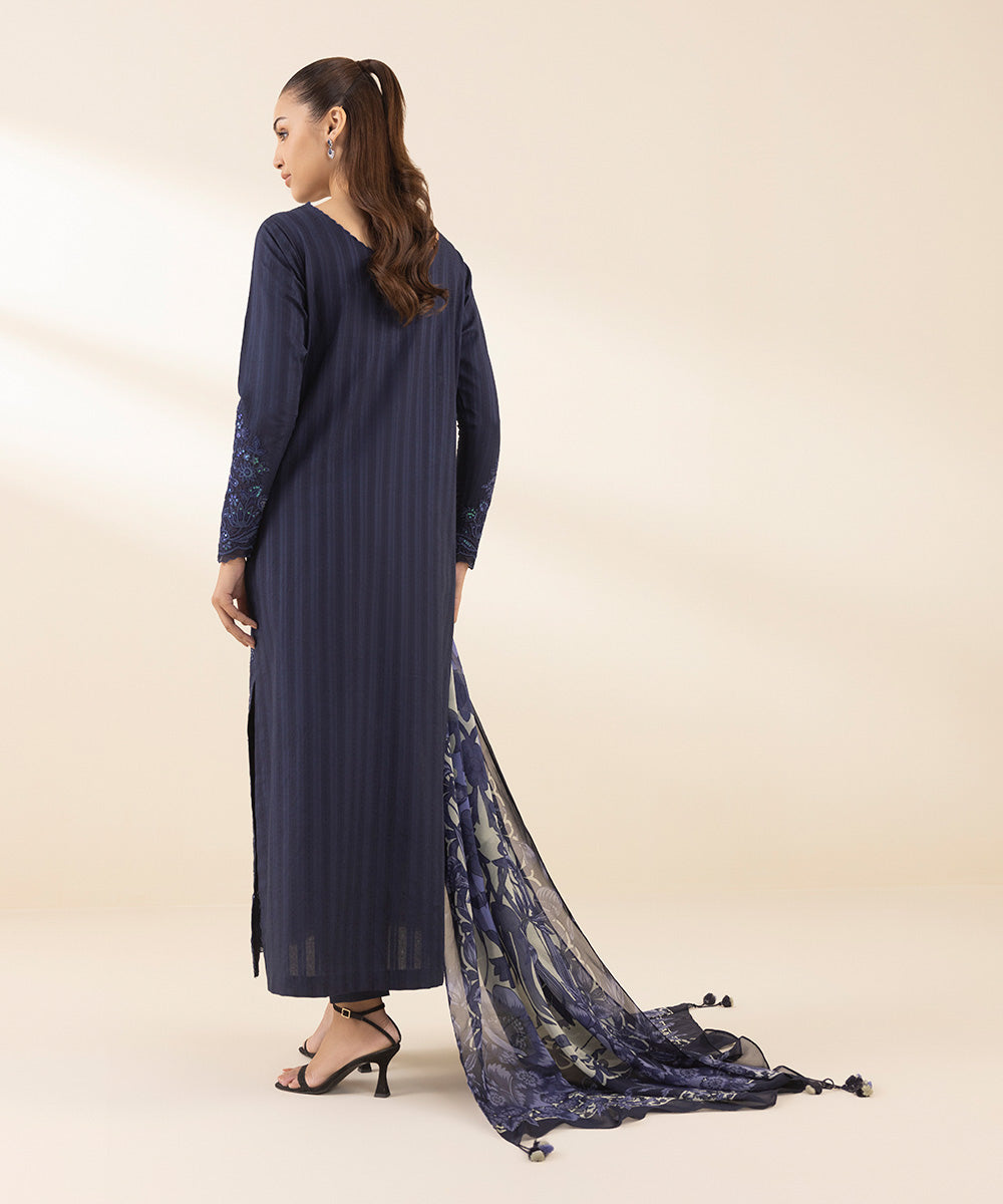 Unstitched Women's Blue Dobby Embroidered 3 Piece Suit 