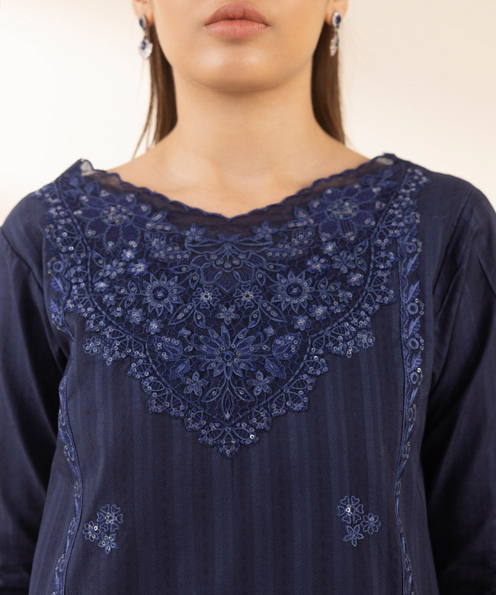 Unstitched Women's Blue Dobby Embroidered 3 Piece Suit 
