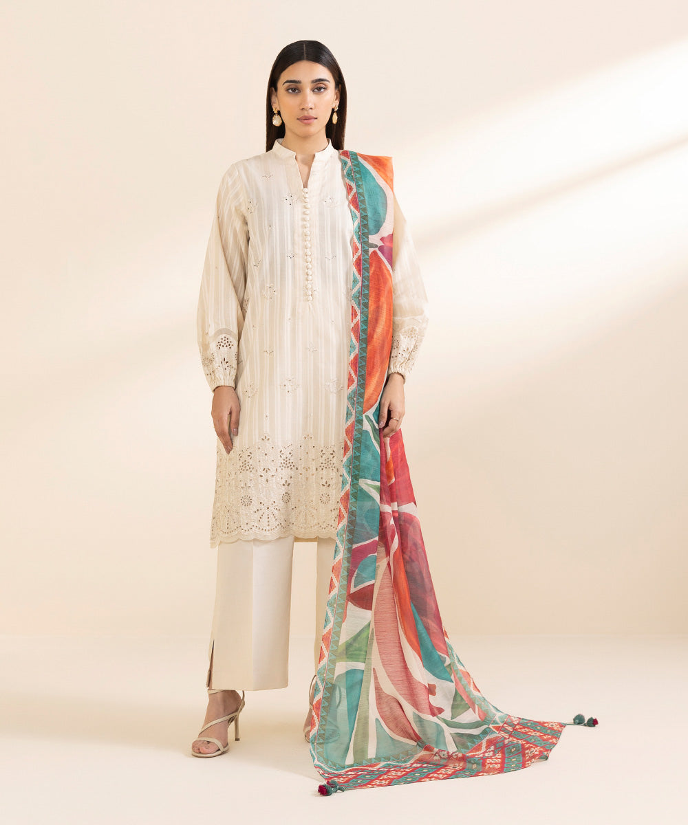 Women's Unstitched Dobby Embroidered Off White 3 Piece Suit
