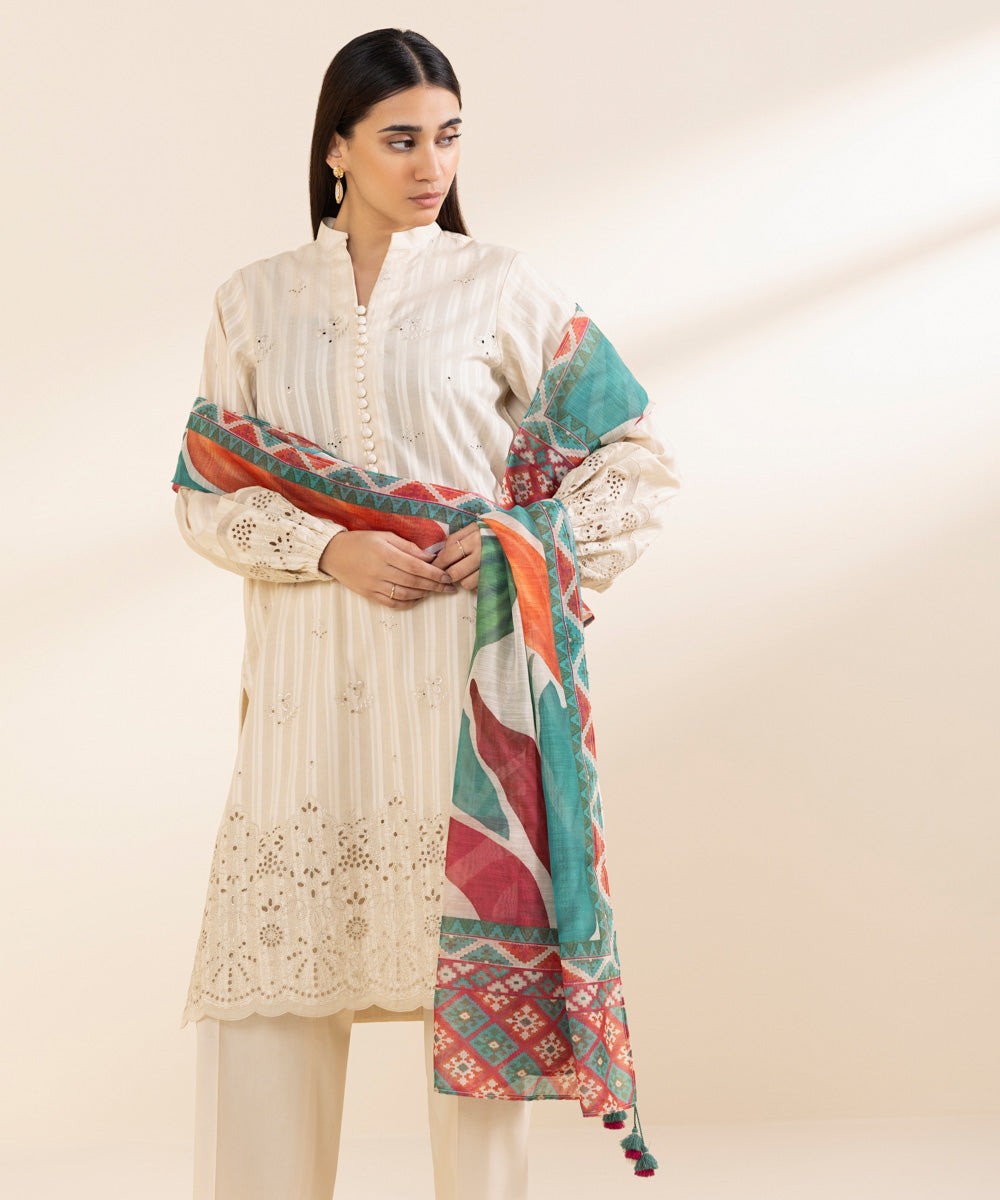 Women's Unstitched Dobby Embroidered Off White 3 Piece Suit