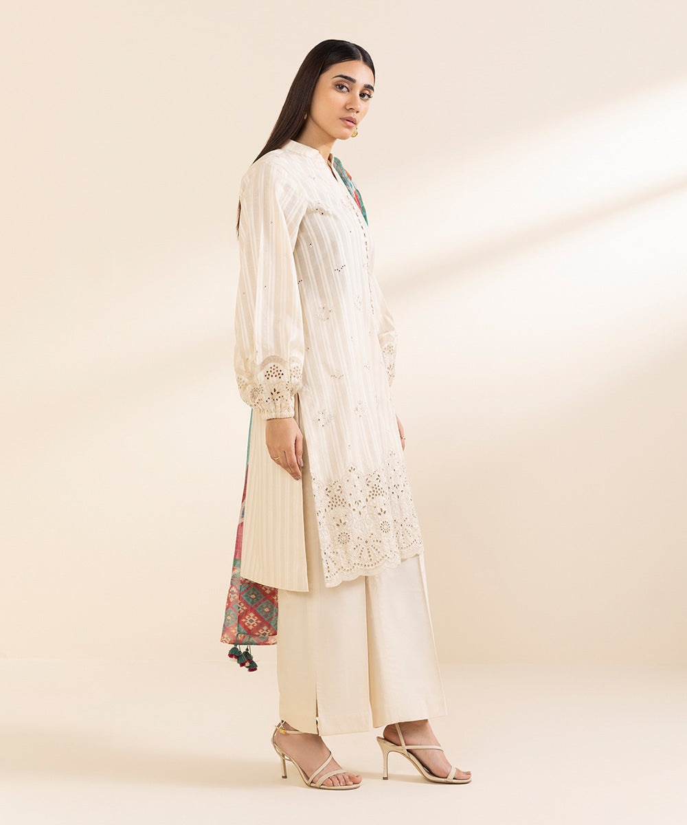 Women's Unstitched Dobby Embroidered Off White 3 Piece Suit