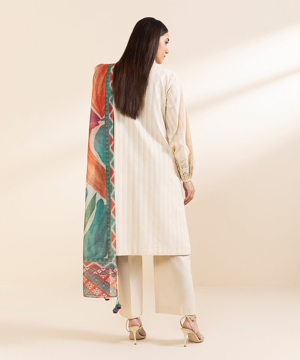 Women's Unstitched Dobby Embroidered Off White 3 Piece Suit