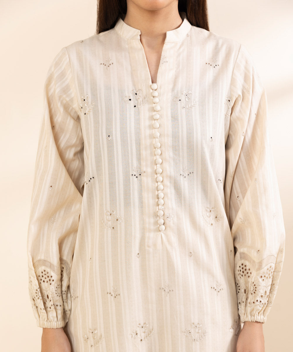 Women's Unstitched Dobby Embroidered Off White 3 Piece Suit