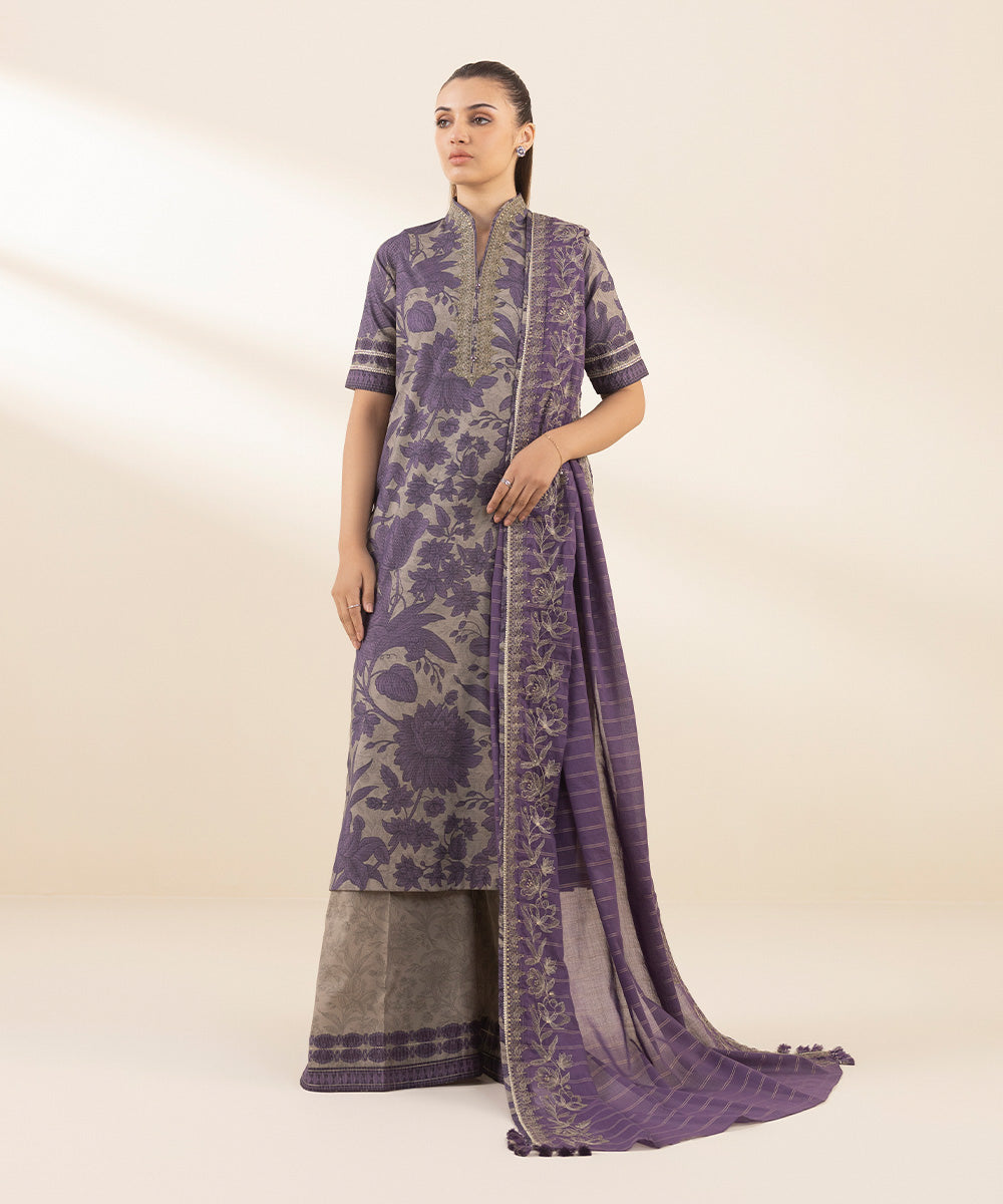 Unstitched Women's Embroidered Zari Lawn Purple Three Piece Suit 