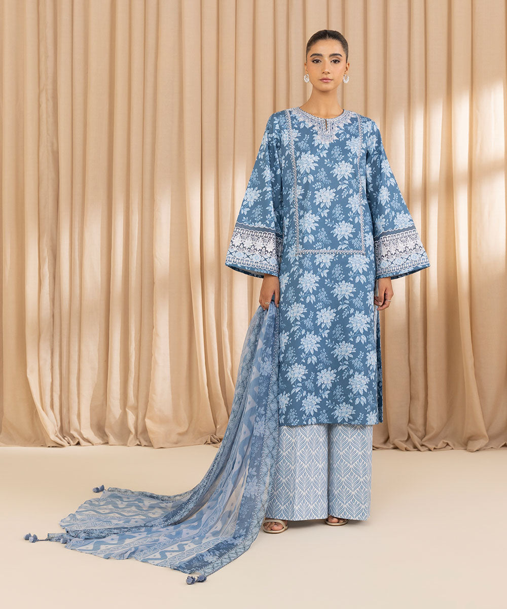 Unstitched Women's Embroidered Dobby Blue Three Piece Suit 