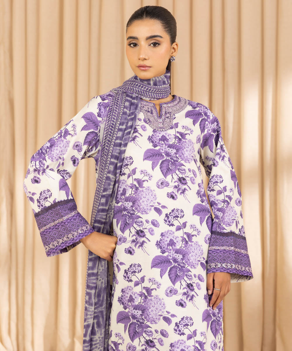 Unstitched Women's Embroidered Cotton Jacquard Purple Three Piece Suit 