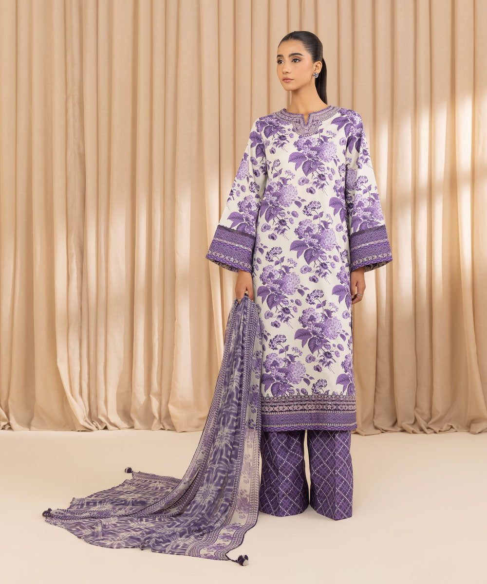 Unstitched Women's Embroidered Cotton Jacquard Purple Three Piece Suit 