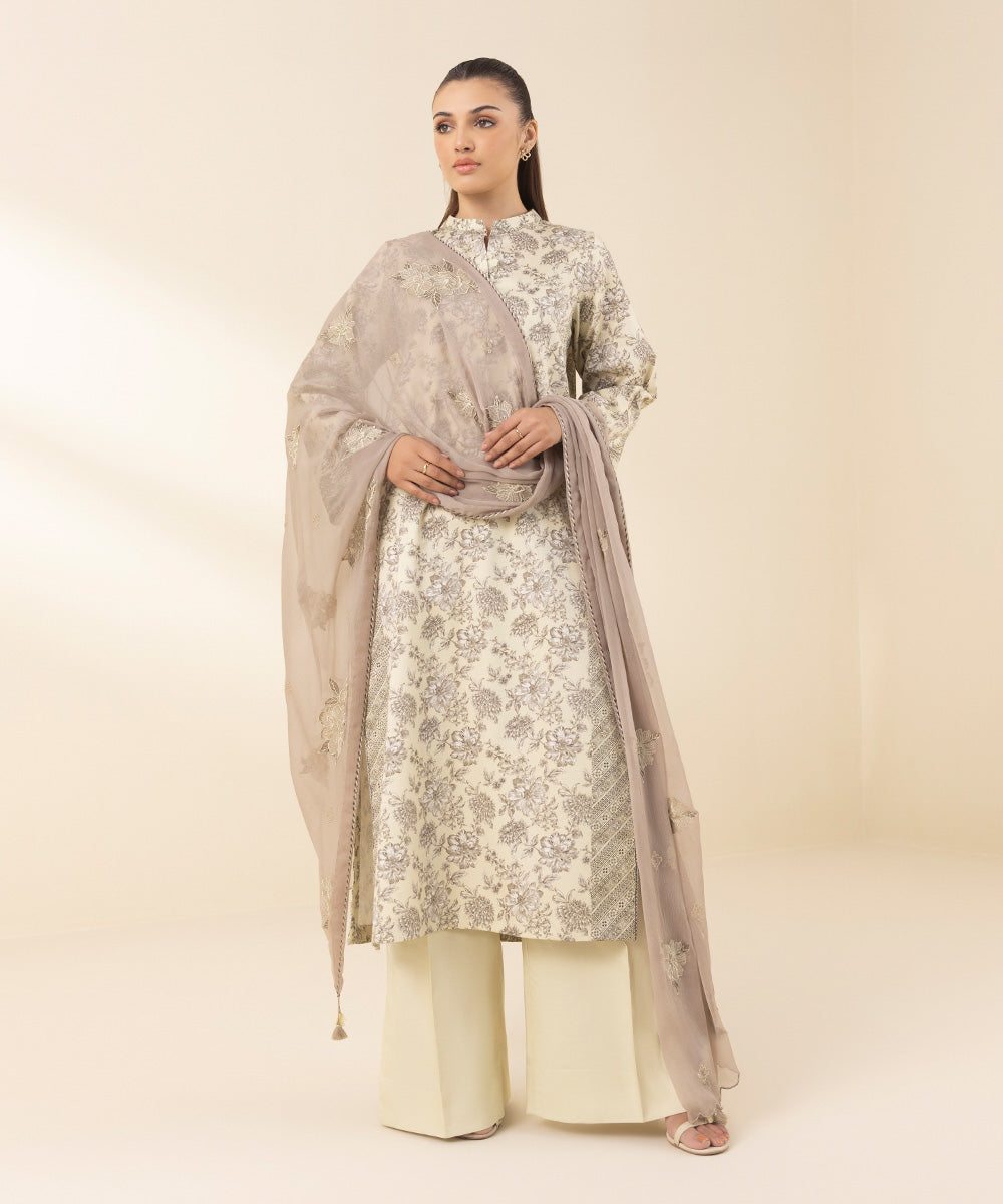 Unstitched Women's Embroidered Fine Cotton Satin Beige Three Piece Suit 