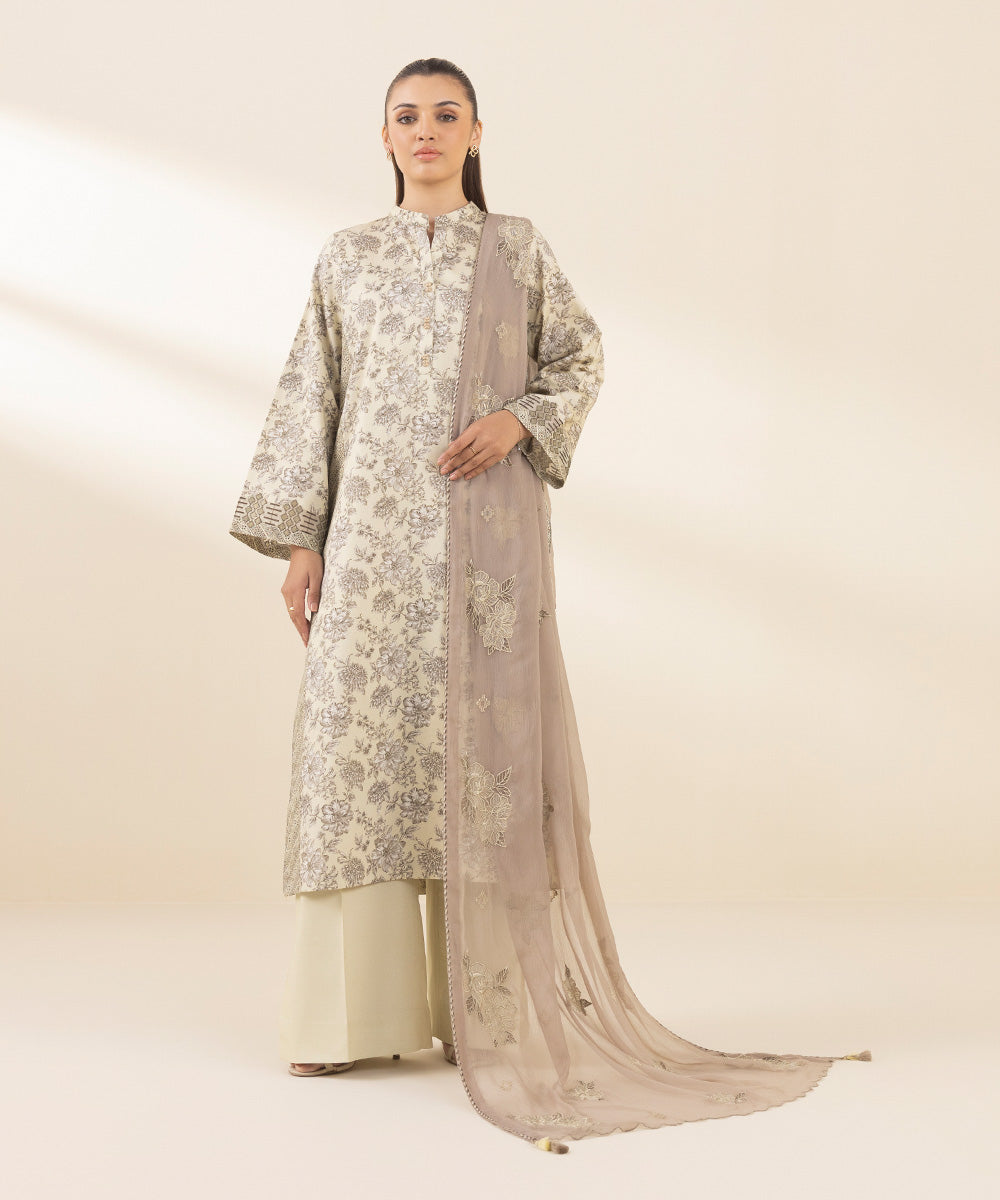 Unstitched Women's Embroidered Fine Cotton Satin Beige Three Piece Suit 