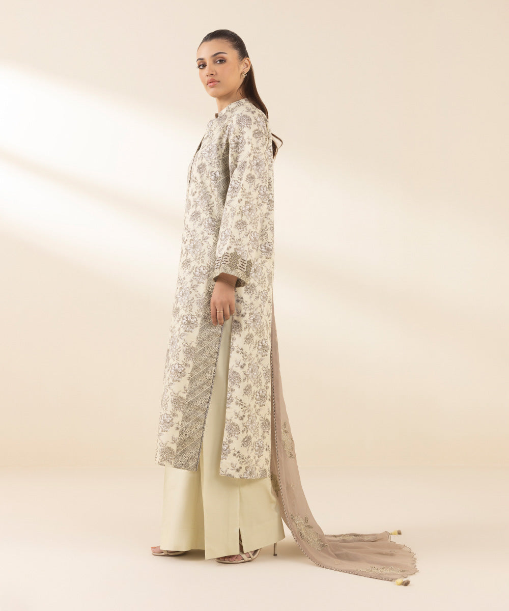 Unstitched Women's Embroidered Fine Cotton Satin Beige Three Piece Suit 